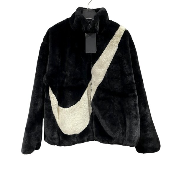 Nike Plush Faux Fur Full Zip Jacket in Black/Beige Women's Size L NWT MSRP $175 - Picture 1 of 8